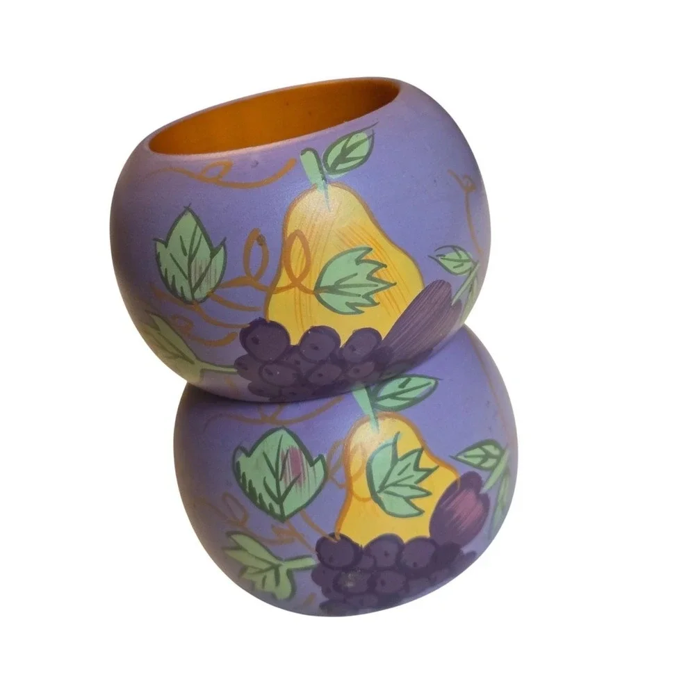 Vintage Hand Painted Wooden Fruit Napkin Rings Set 2 Farmhouse Country Decor